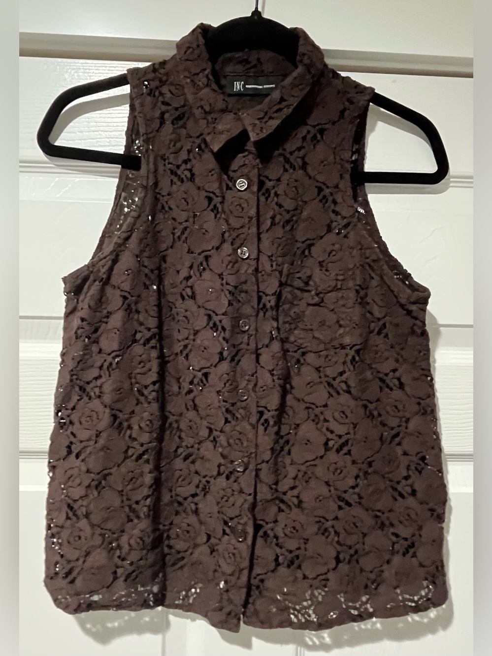 INC International Concepts Dark Brown Lace Button-Front Sleeveless Shirt